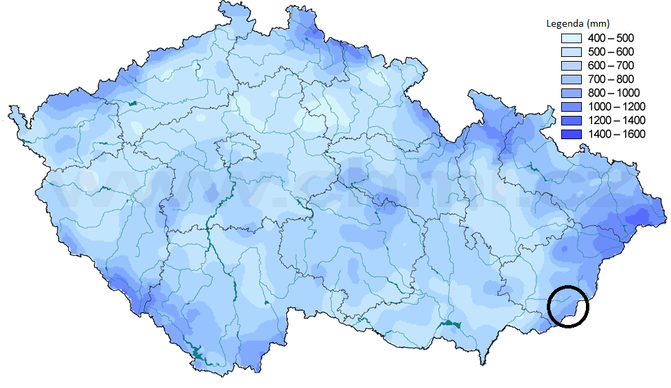 Obrázek 23 Průměrný roční úhrn srážek za období 1961 1990 (mm) Zdroje dat:zpracování Eva Holtanová, Petr Skalák.