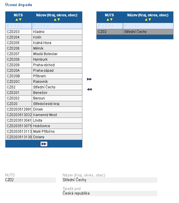 Příručka k webové žádosti BENEFIT7 Kapitola 8. pomocí šipky doprava (šipkou doleva je možné záznam z tabulky zase odstranit).