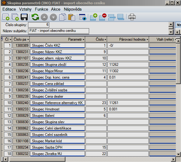 Import obecného katalogu dílů do HeG INO Skupina parametrů,