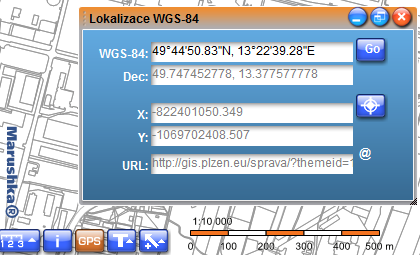 MARUSHKA Lokalizace v Marushce podle souřadnic Strana 2/ 6 1. Zjištění souřadnice Dialog pro práci se souřadnicemi je v Marushce skryt pod tlačítkem GPS vlevo dole.