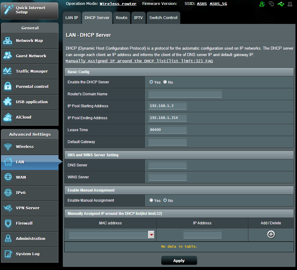 Pokyny pro úpravy nastavení LAN IP: 1. Na navigačním panelu přejděte na Advanced Settings (Upřesnit nastavení) > LAN > karta LAN IP. 2.