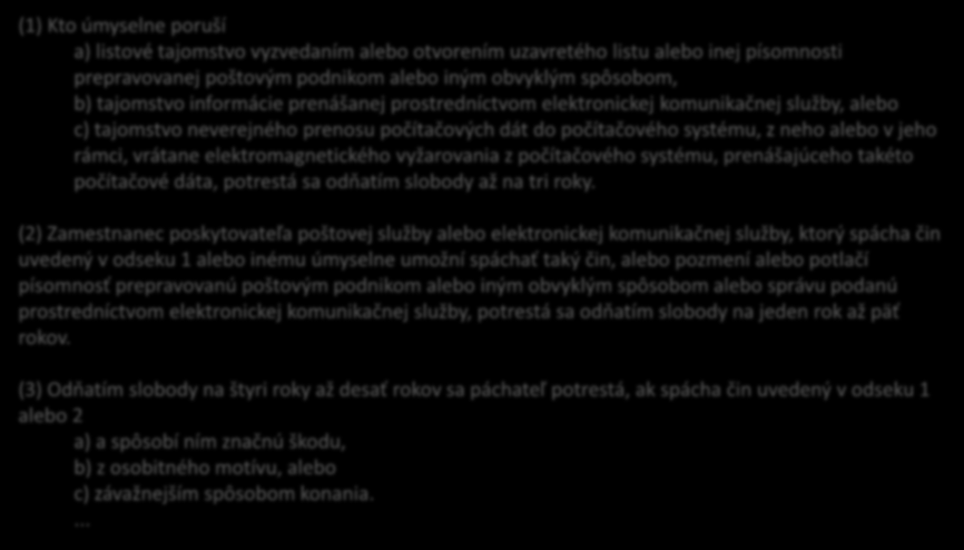 25 Porušovanie tajomstva prepravovaných správ 196 TZ (1) Kto úmyselne poruší a) listové tajomstvo vyzvedaním alebo otvorením uzavretého listu alebo inej písomnosti prepravovanej poštovým podnikom