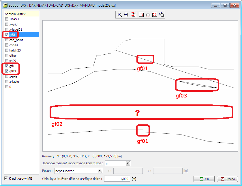 V programu GEO5 MKP naimportujeme modifikovaný soubor DXF model202.dxf funkcí Soubor Import Importovat formát DXF do šablony.