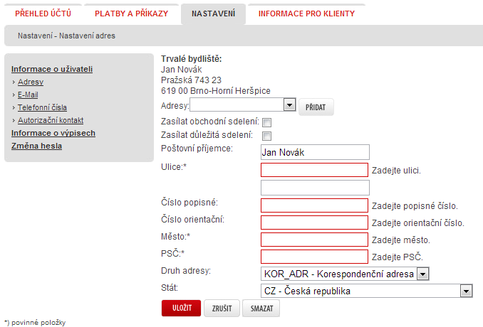 5.4. Nastavení V záložce Nastavení můžete nastavovat a měnit vybrané údaje, jako jsou např. kontakty, hesla apod. 5.4.1. Adresy Obrázek č.