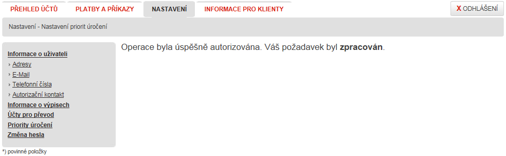 Obrázek č. 81 Změna nastavení úročení Dále je pro úspěšné dokončení nutné zadat autorizační kód a zadání potvrdit tlačítkem. Obrázek č.