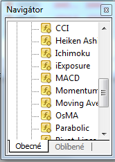 Technické Indikátory: V nástrojovém panelu klikněte na ikonu Ukazatele a otevře se vám seznam základních indikátorů trendu a oscilátorů.