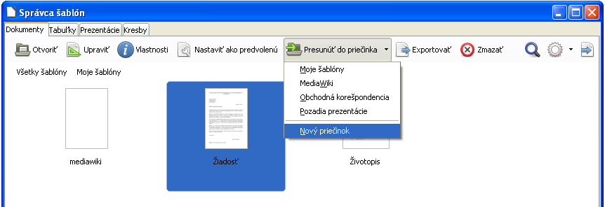 Presúvanie šablóny Ak chceme šablónu presunúť z priečinku do priečinku, vyberieme ju v okne Správca šablón a klikneme na tlačidlo Presunúť do priečinku, ktoré sa nachádza nad zoznamom šablón (obrázok