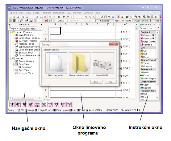 Programování Zapojíme-li CPU modul ke zdroji a připojíme-li programovací kabel RS-232, můžeme spustit programovací software CLICK. Dvojím poklepáním na ikonu na ploše spustíte programovací software.