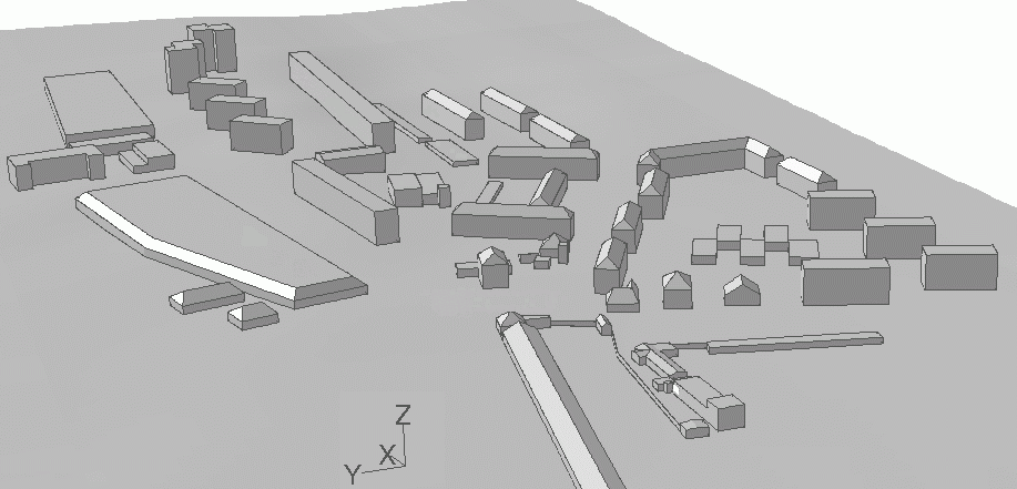 Disperzní modely, CFD 10 Příklad: šíření amoniaku Geometrický model: 870x480x110 m - návětrná rovinatá strana, volně