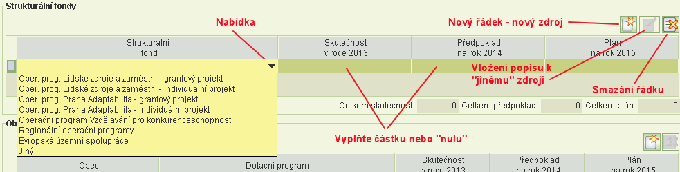 Formulář Zdroje financování Aplikace předvyplní údaje Skutečnost v roce 2014 (skutečnost za předminulý rok dotačního roku), a to podle informací uvedených ve výkazu (podaného za předminulý rok