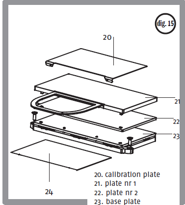 Je-li to nutné, je možné imobilizovat některou z podložek se šrouby M4-20 DIN 912 šroub ze spodní části jednotky (obr. 14). 11 NASTAVENÍ PODLOŽEK ZLACENÍ A. kalibrace 1.