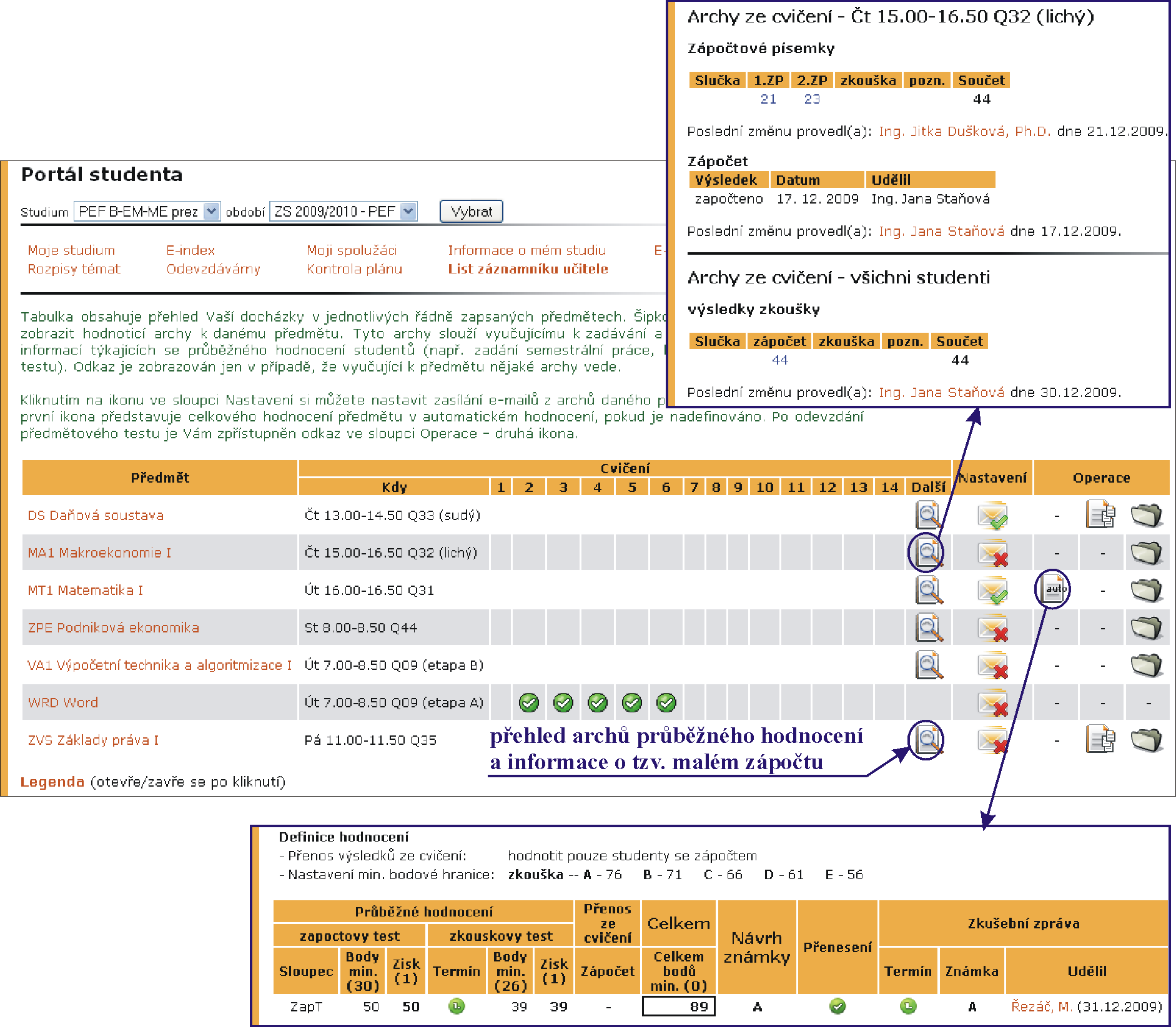 Údaje o předmětech nabízené aplikací List záznamníku učitele: Docházka (obr. 15) evidence docházky do cvičení jednotlivých předmětů.