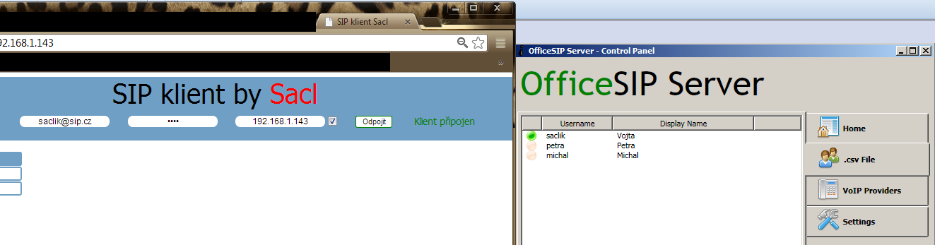 Obr. 4.1: Vyobrazení webové stránky v Chrome a konzole SIP serveru JsSIP UA configuration parameters after validation: password: "..." register: true1 registrar_server: sip:sip.cz.