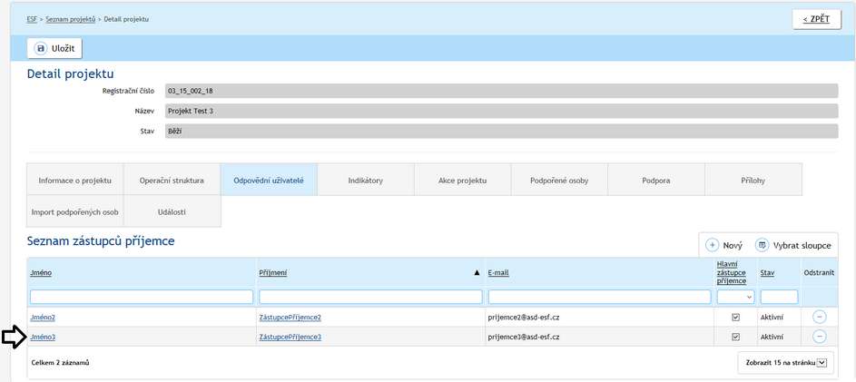3.2.4 Odebrání zástupce nad seznamem projektů Zástupce příjemce lze odebrat u více projektů najednou.