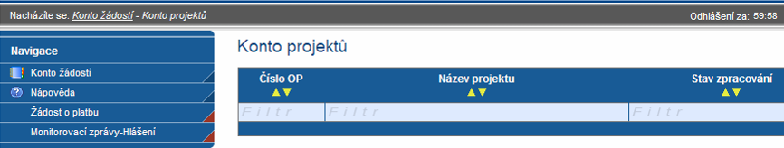 4.1.4. Konto ţádostí Funkční tlačítko slouţí pro návrat na úvodní stranu účtu ţadatel. Tato záloţka se objevuje i v jiných oknech aplikace. 4.2.