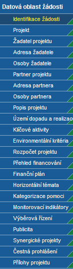 Obrázek 36: Levé menu Konta projektové ţádosti Datová oblast ţádosti V další části příručky se nachází popis polí jednotlivých záloţek PŹ v pořadí, tak jak se nacházejí v levé, modré navigační liště.