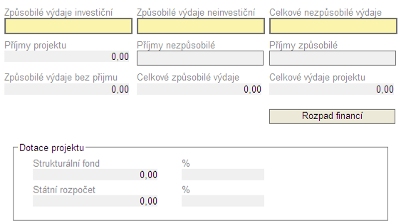 Pro projekty podávané v rámci PO 3,4,5 jsou tyto poloţky dotahovány automaticky ze záloţky Rozpočet projektu.