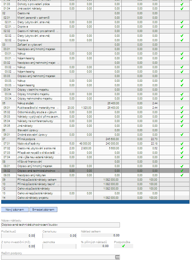 Pokud příjemce nenačetl náklady z Monit7+ (tlačítko ), záložka zůstane ve stavu neaktivní bez možnosti náhledu na rozpočet projektu.