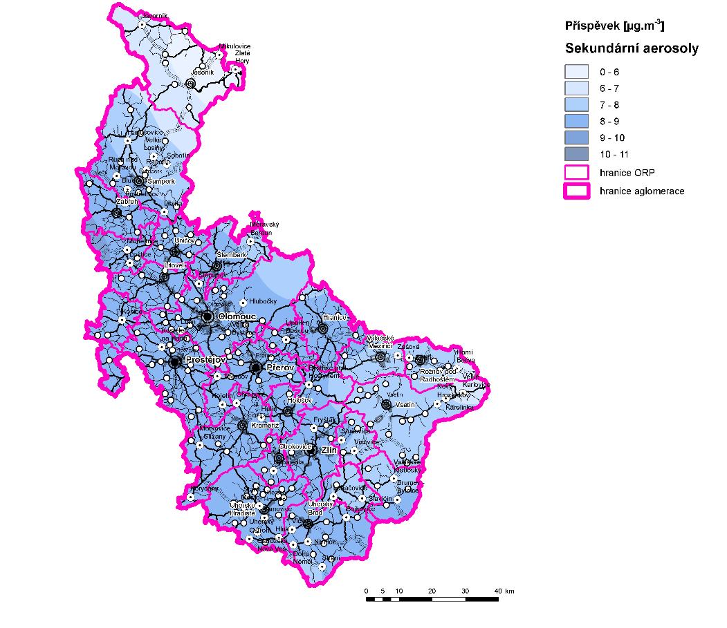 Obrázek 48: Příspěvek Sekundárních aerosolů k průměrné roční koncentraci PM 10, zóna CZ07 