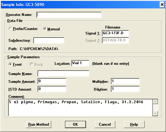 Obr. 131: Okno pro zadání vlastního jména souboru s naměřenými daty Příprava vzorku k nástřiku: Do plynového chromatografu lze vzorek nastříknout přímo, pokud lze předpokládat, že se celý odpaří při