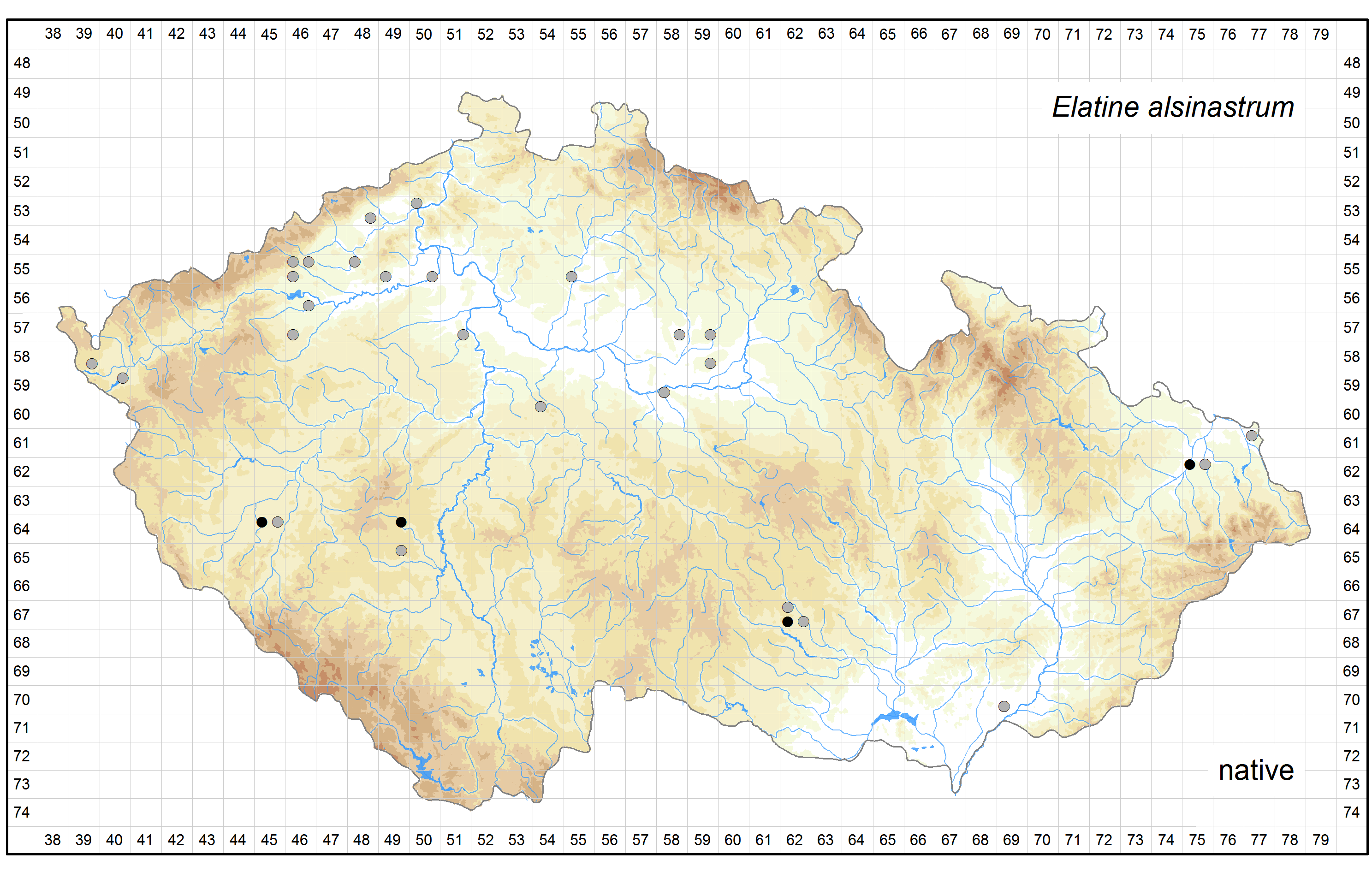 Distribution of Elatine alsinastrum in the Czech Republic Author of the map: Zdenek Kaplan, Jan Prančl, Kateřina Šumberová Map produced on: 18-11-2015 Database records used for producing the