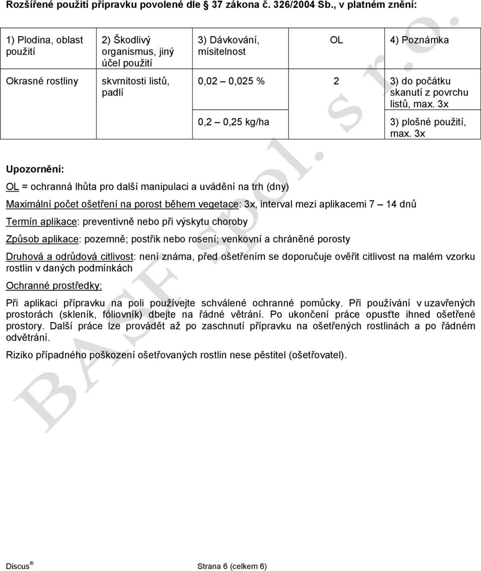 skanutí z povrchu listů, max. 3x 0,2 0,25 kg/ha 3) plošné použití, max.