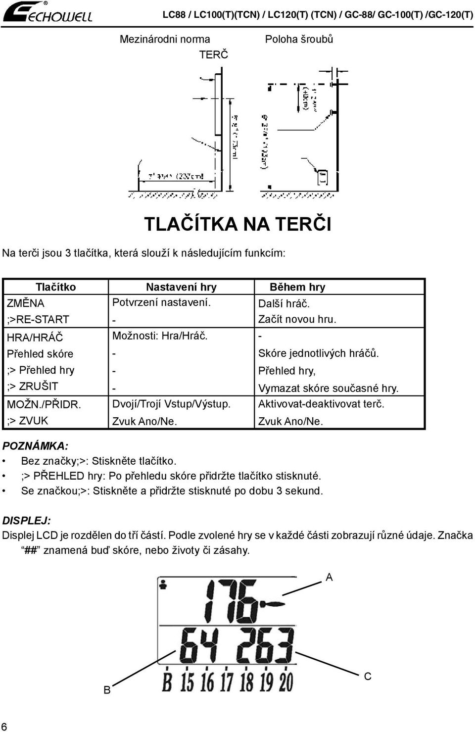 Přehled hry, POZNÁMKA: Bez značky;>: Stiskněte tlačítko. ;> PŘEHLED hry: Po přehledu skóre přidržte tlačítko stisknuté. Se značkou;>: Stiskněte a přidržte stisknuté po dobu 3 sekund.