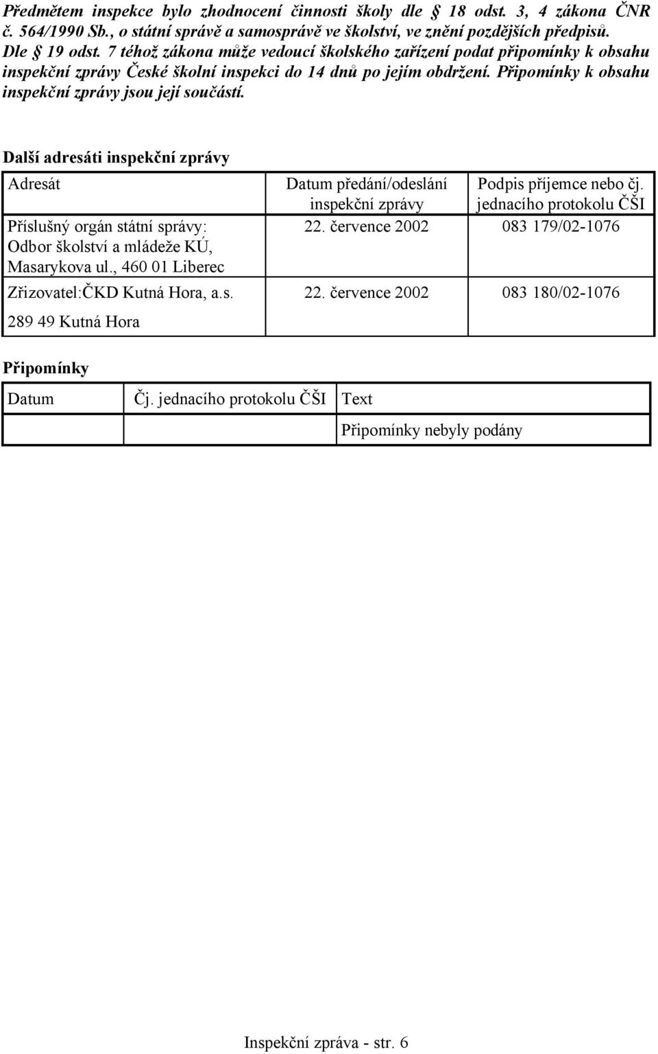 Další adresáti inspekční zprávy Adresát Příslušný orgán státní správy: Odbor školství a mládeže KÚ, Masarykova ul., 460 01 Liberec Zřizovatel:ČKD Kutná Hora, a.s. 289 49 Kutná Hora Datum předání/odeslání inspekční zprávy Podpis příjemce nebo čj.