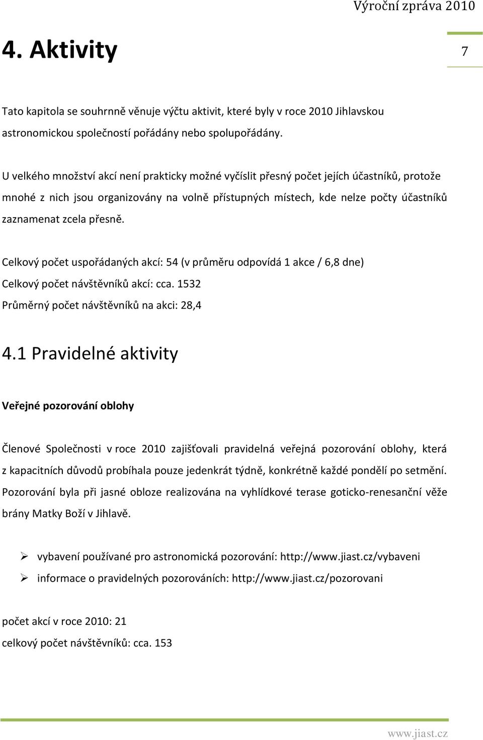 přesně. Celkový počet uspořádaných akcí: 54 (v průměru odpovídá 1 akce / 6,8 dne) Celkový počet návštěvníků akcí: cca. 1532 Průměrný počet návštěvníků na akci: 28,4 4.