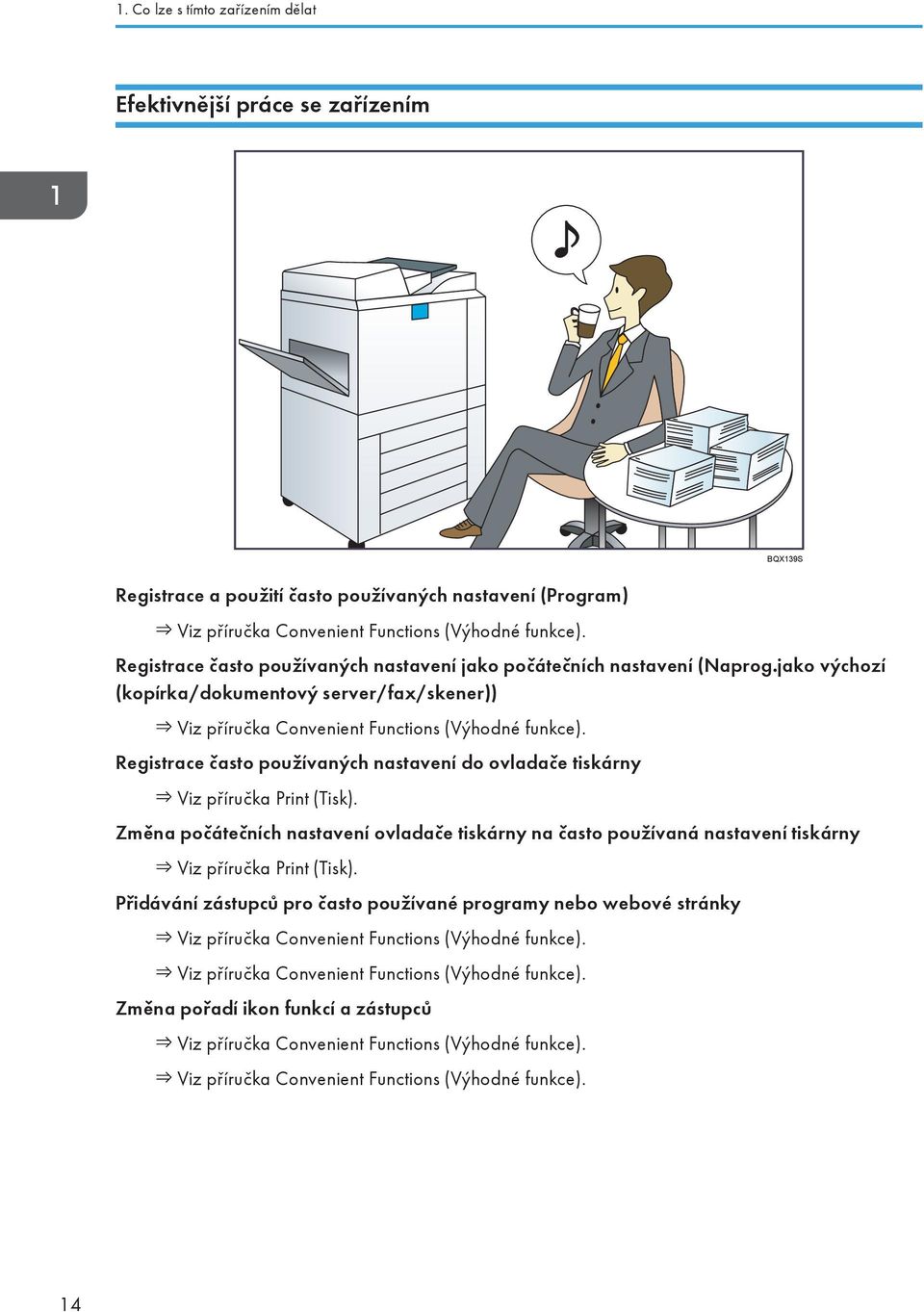 Registrace často používaných nastavení do ovladače tiskárny Viz příručka Print (Tisk). Změna počátečních nastavení ovladače tiskárny na často používaná nastavení tiskárny Viz příručka Print (Tisk).