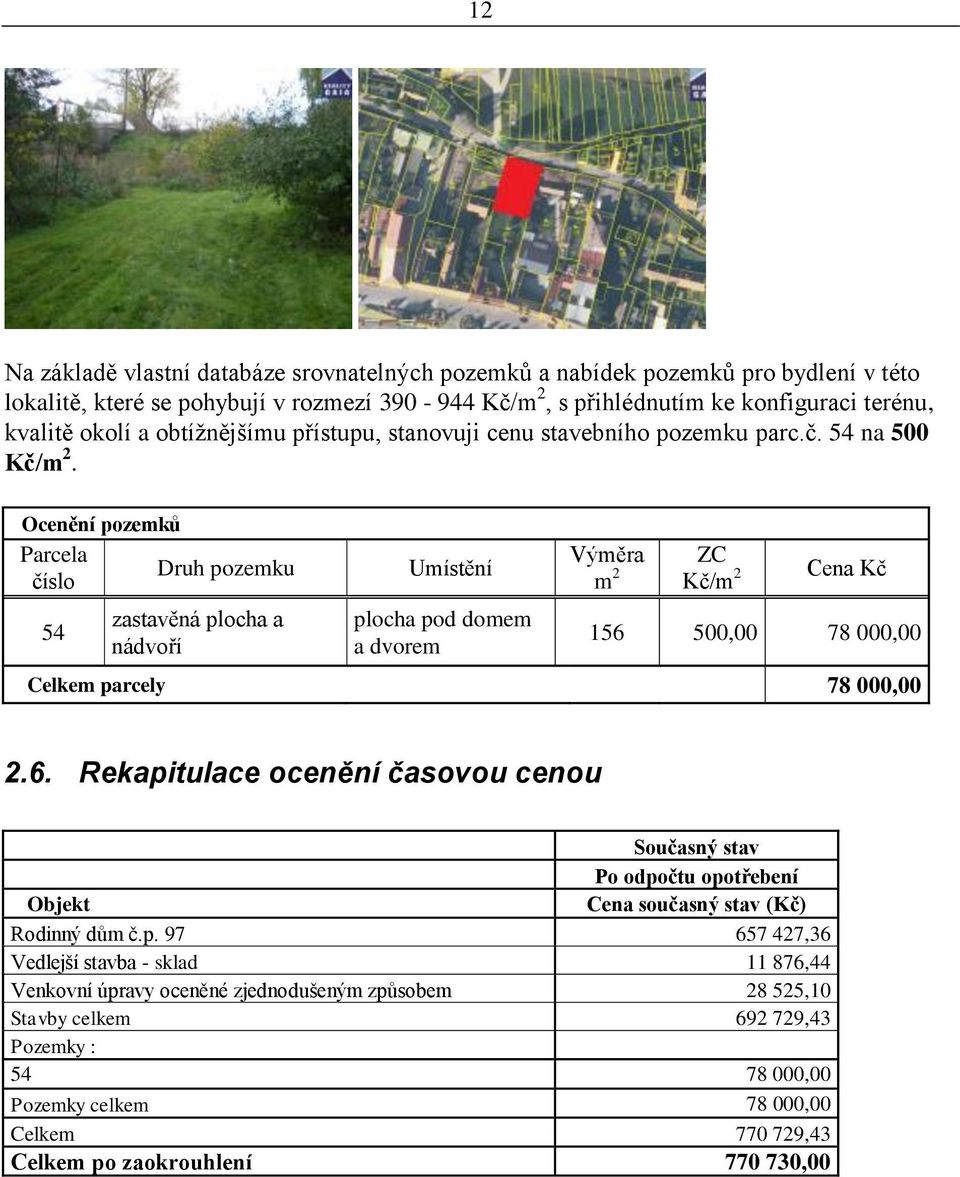 Ocenění pozemků Parcela Druh pozemku číslo 54 zastavěná plocha a nádvoří Umístění plocha pod domem a dvorem Výměra m 2 ZC Kč/m 2 Cena Kč 156 