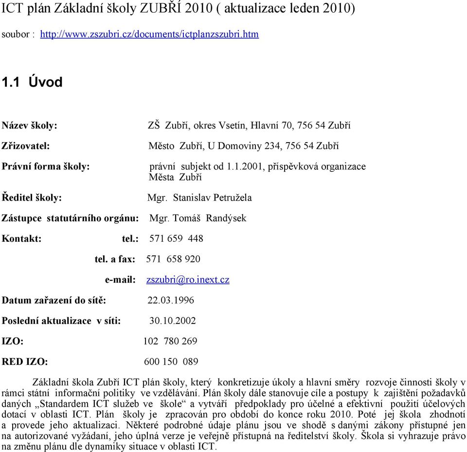 Stanislav Petružela Zástupce statutárního orgánu: Mgr. Tomáš Randýsek Kontakt: tel.: 571 659 448 tel. a fax: 571 658 920 e-mail: zszubri@ro.inext.cz Datum zařazení do sítě: 22.03.