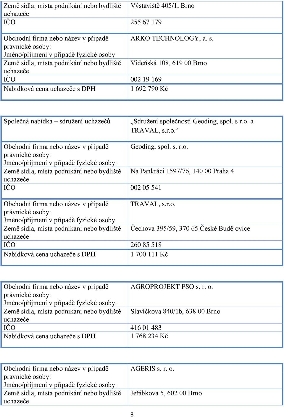 r. o. Země sídla, místa podnikání nebo bydliště Slavíčkova 840/1b, 638 00 Brno IČO 416 01 483 Nabídková cena s DPH 1 768 234 Kč Země sídla, místa podnikání nebo bydliště AGERIS s. r. o. Jeřábkova 5, 602 00 Brno 3