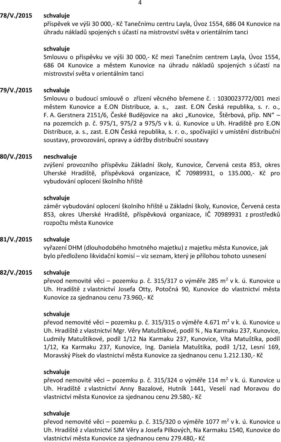 Tanečním centrem Layla, Úvoz 1554, a městem Kunovice na úhradu nákladů spojených s účastí na mistrovství světa v orientálním tanci 79/V./2015 80/V.