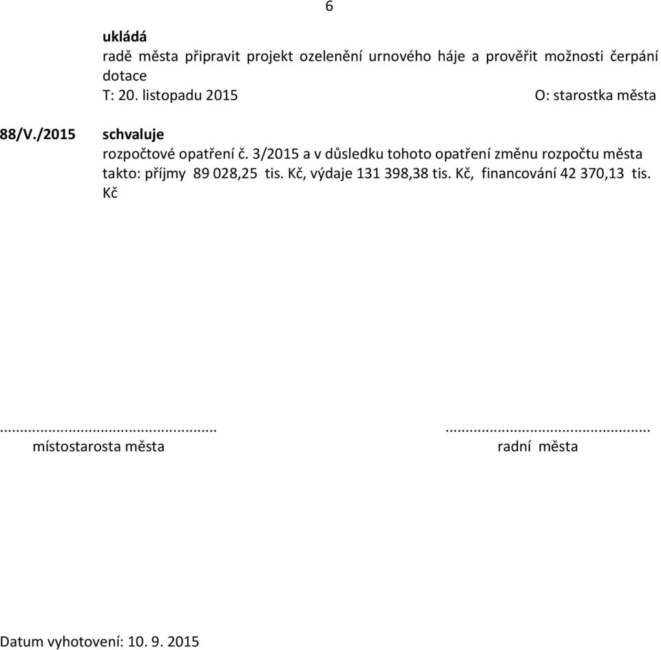 3/2015 a v důsledku tohoto opatření změnu rozpočtu města takto: příjmy 89 028,25 tis.