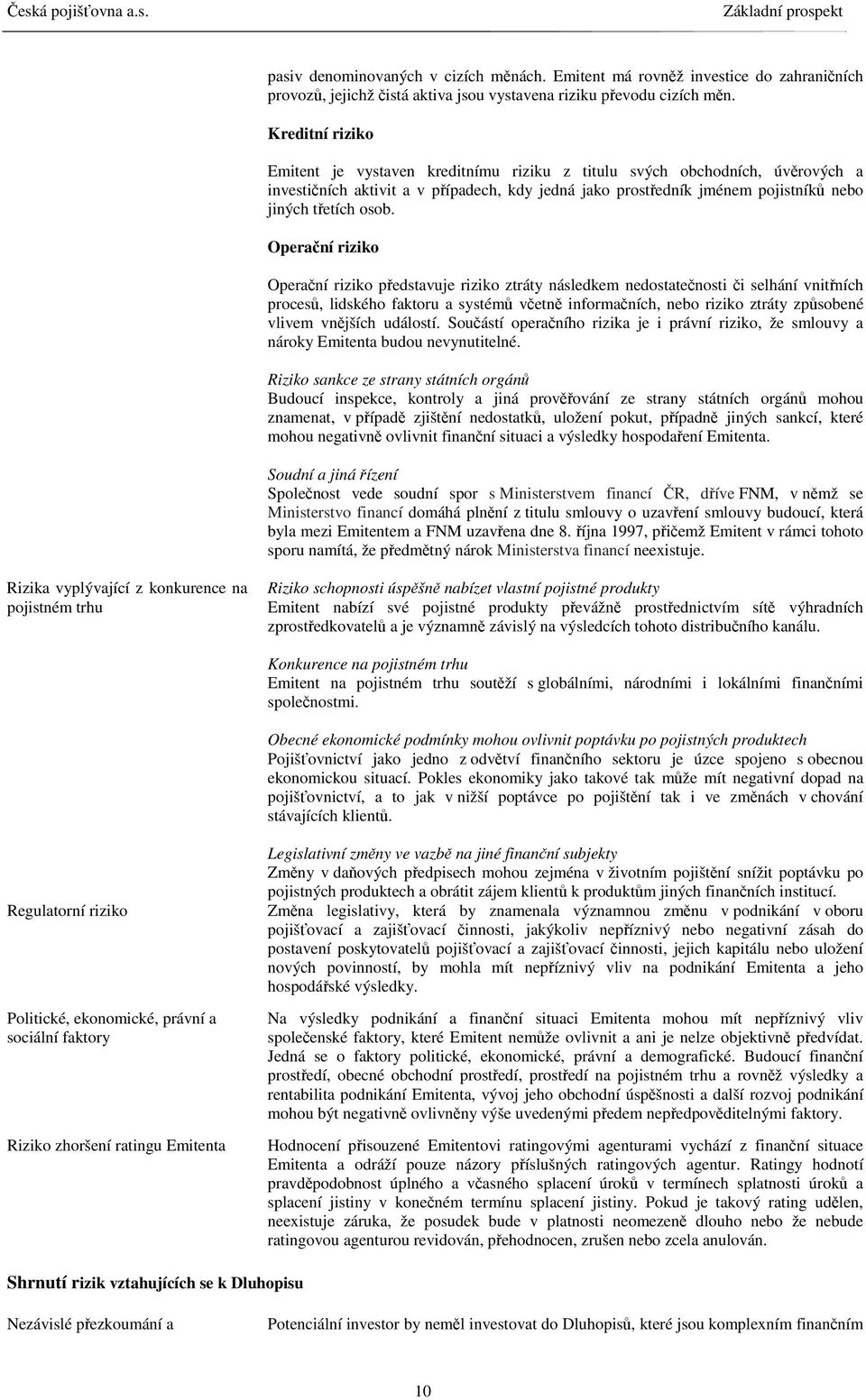 Operaní riziko Operaní riziko pedstavuje riziko ztráty následkem nedostatenosti i selhání vnitních proces, lidského faktoru a systém vetn informaních, nebo riziko ztráty zpsobené vlivem vnjších