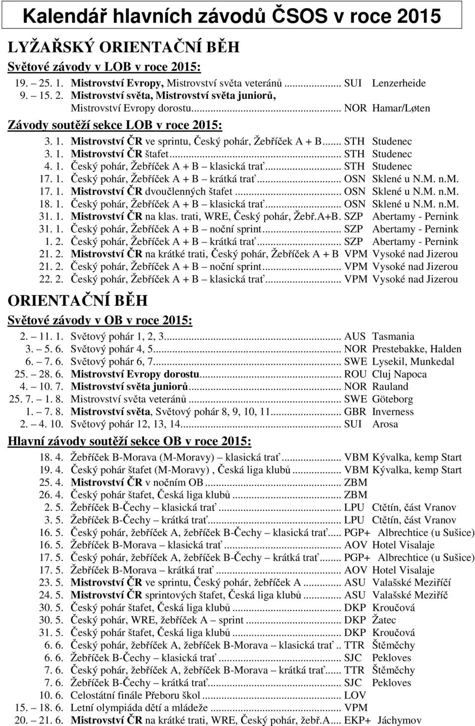 .. STH Studenec 17. 1. Český pohár, Žebříček A + B krátká trať... OSN Sklené u N.M. n.m. 17. 1. Mistrovství ČR dvoučlenných štafet... OSN Sklené u N.M. n.m. 18. 1. Český pohár, Žebříček A + B klasická trať.