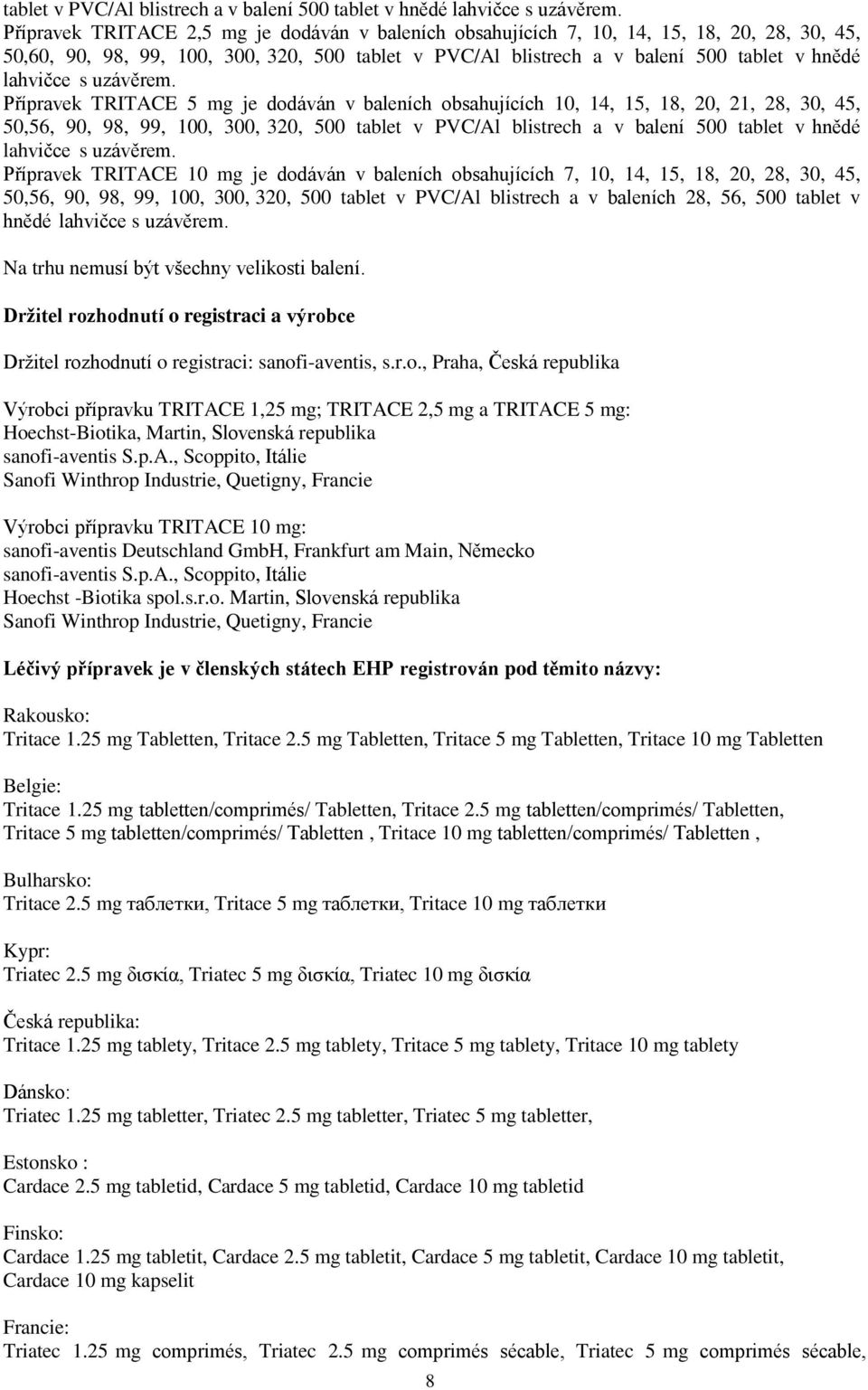 15, 18, 20, 21, 28, 30, 45, 50,56, 90, 98, 99, 100, 300, 320, 500  Přípravek TRITACE 10 mg je dodáván v baleních obsahujících 7, 10, 14, 15, 18, 20, 28, 30, 45, 50,56, 90, 98, 99, 100, 300, 320, 500