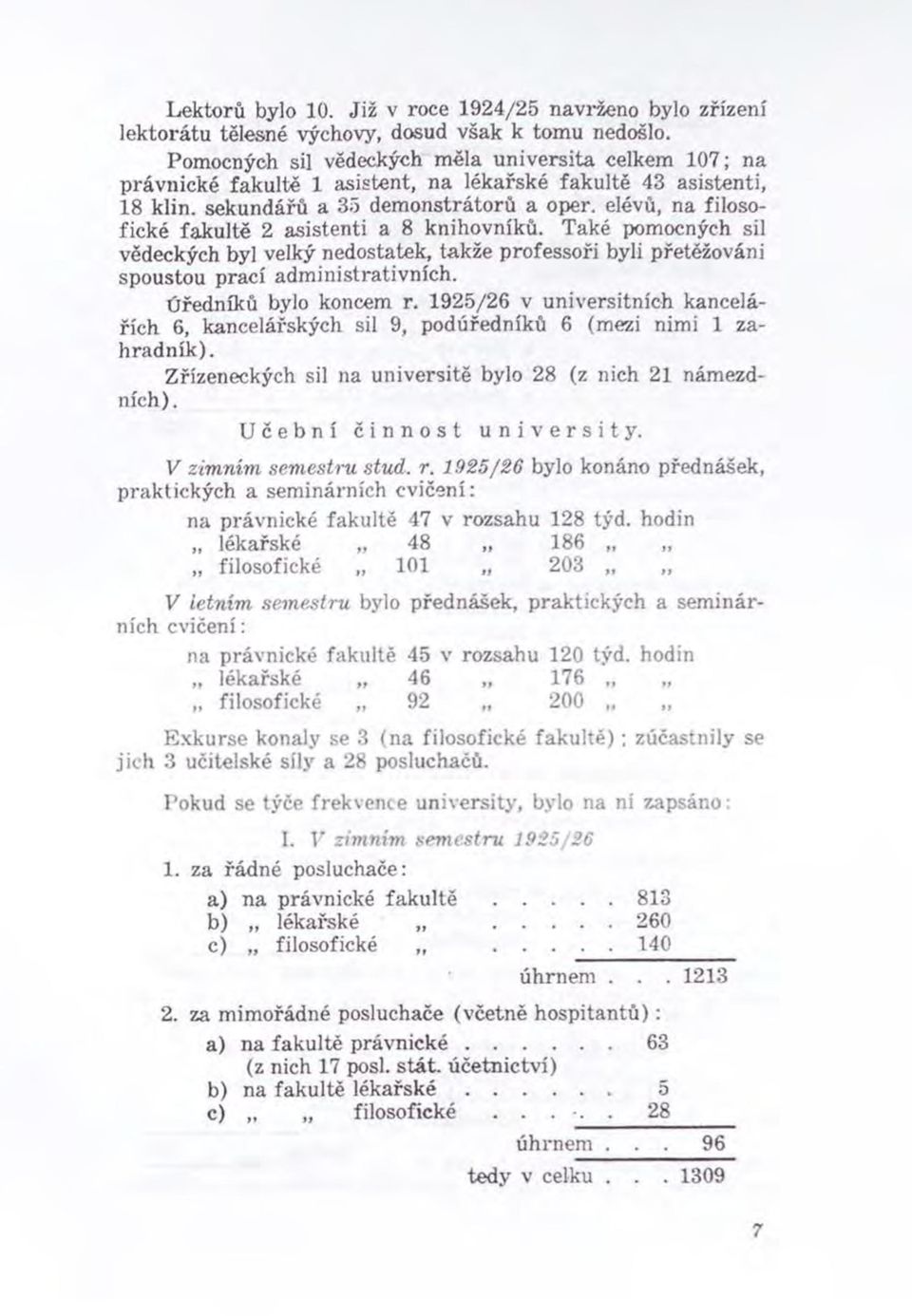 elévů, na filosofické fakultě 2 asistenti a 8 knihovníků. Také pomocných sil vědeckých byl velký nedostatek, takže professoři byli přetěžováni spoustou prací adm inistrativních.