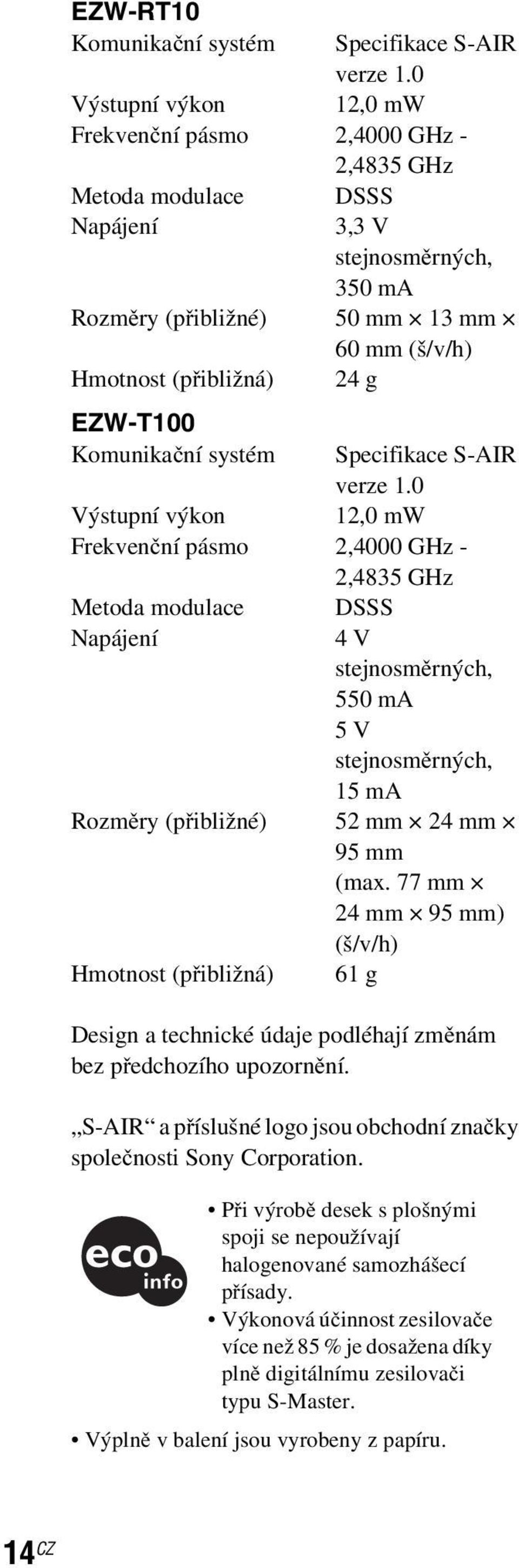 EZW-T100 Komunikační systém Specifikace S-AIR verze 1.