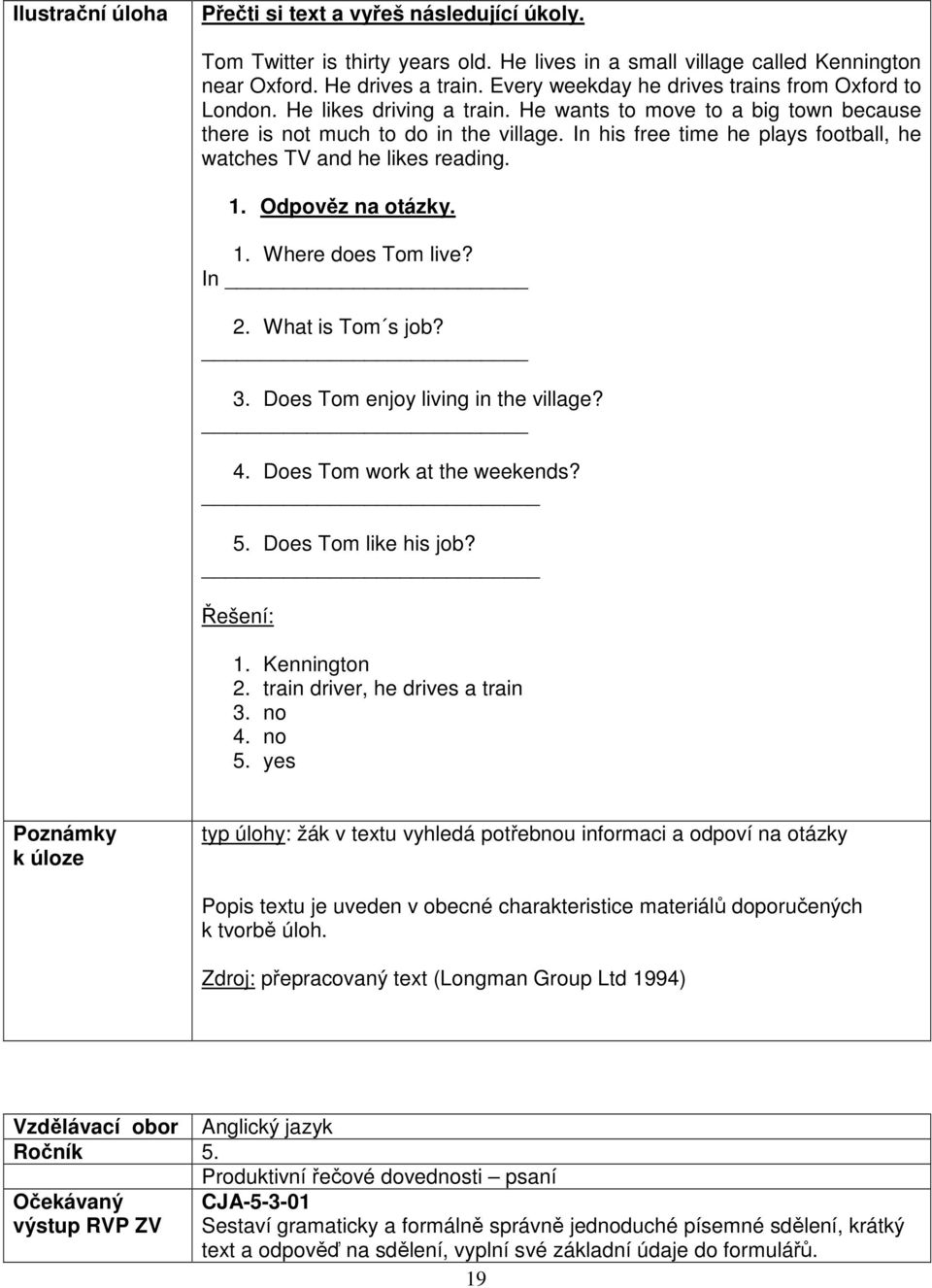 In his free time he plays football, he watches TV and he likes reading. 1. Odpověz na otázky. 1. Where does Tom live? In 2. What is Tom s job? 3. Does Tom enjoy living in the village? 4.