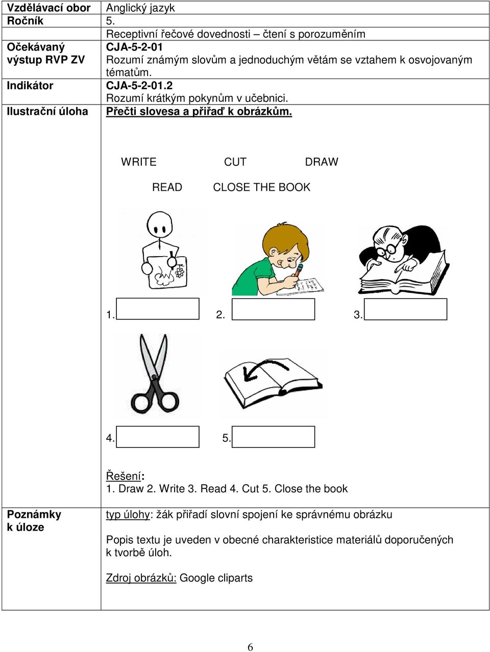 tématům. Indikátor CJA-5-2-01.2 Rozumí krátkým pokynům v učebnici. Ilustrační úloha Přečti slovesa a přiřaď k obrázkům.