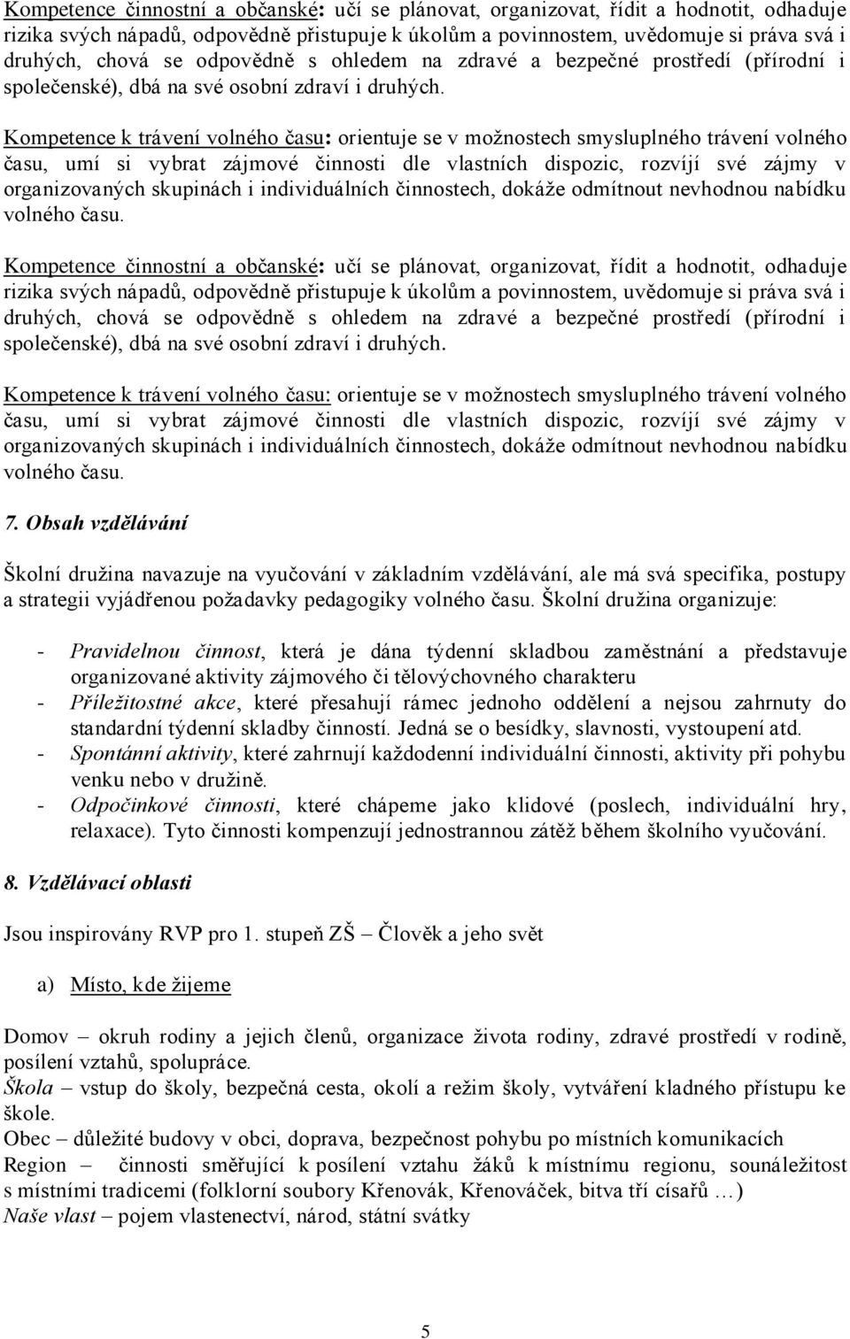 Kompetence k trávení volného času: orientuje se v možnostech smysluplného trávení volného času, umí si vybrat zájmové činnosti dle vlastních dispozic, rozvíjí své zájmy v organizovaných skupinách i