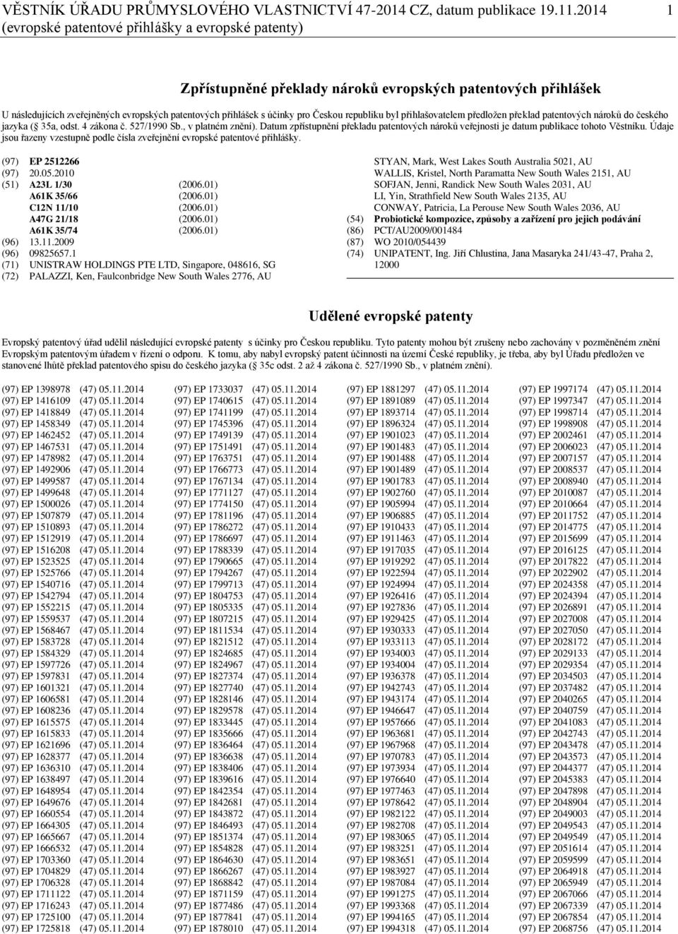 Českou republiku byl přihlašovatelem předložen překlad patentových nároků do českého jazyka ( 35a, odst. 4 zákona č. 527/1990 Sb., v platném znění).