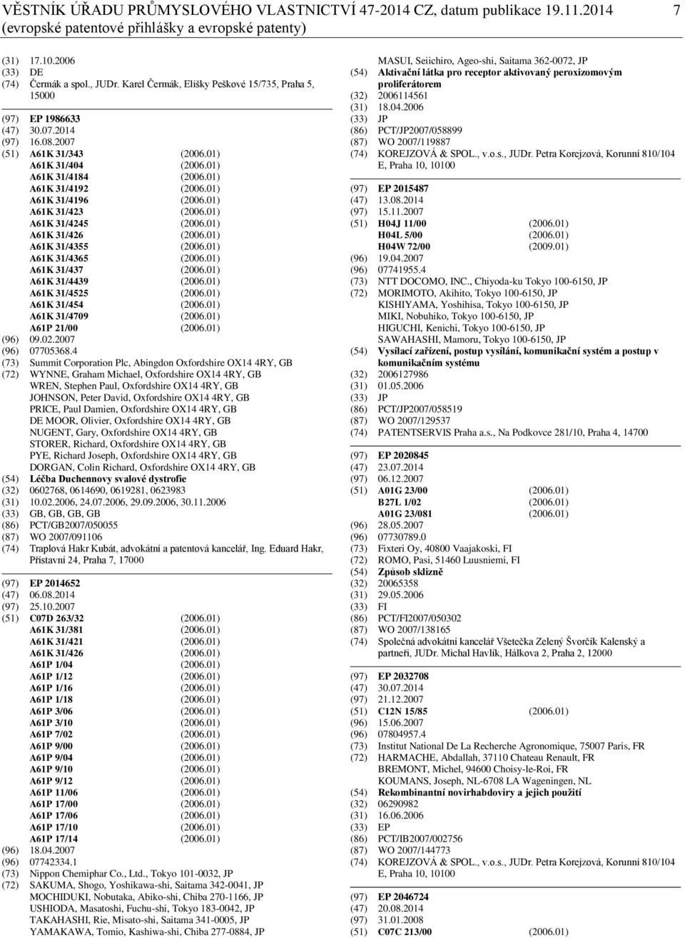 01) A61K 31/4196 (2006.01) A61K 31/423 (2006.01) A61K 31/4245 (2006.01) A61K 31/426 (2006.01) A61K 31/4355 (2006.01) A61K 31/4365 (2006.01) A61K 31/437 (2006.01) A61K 31/4439 (2006.