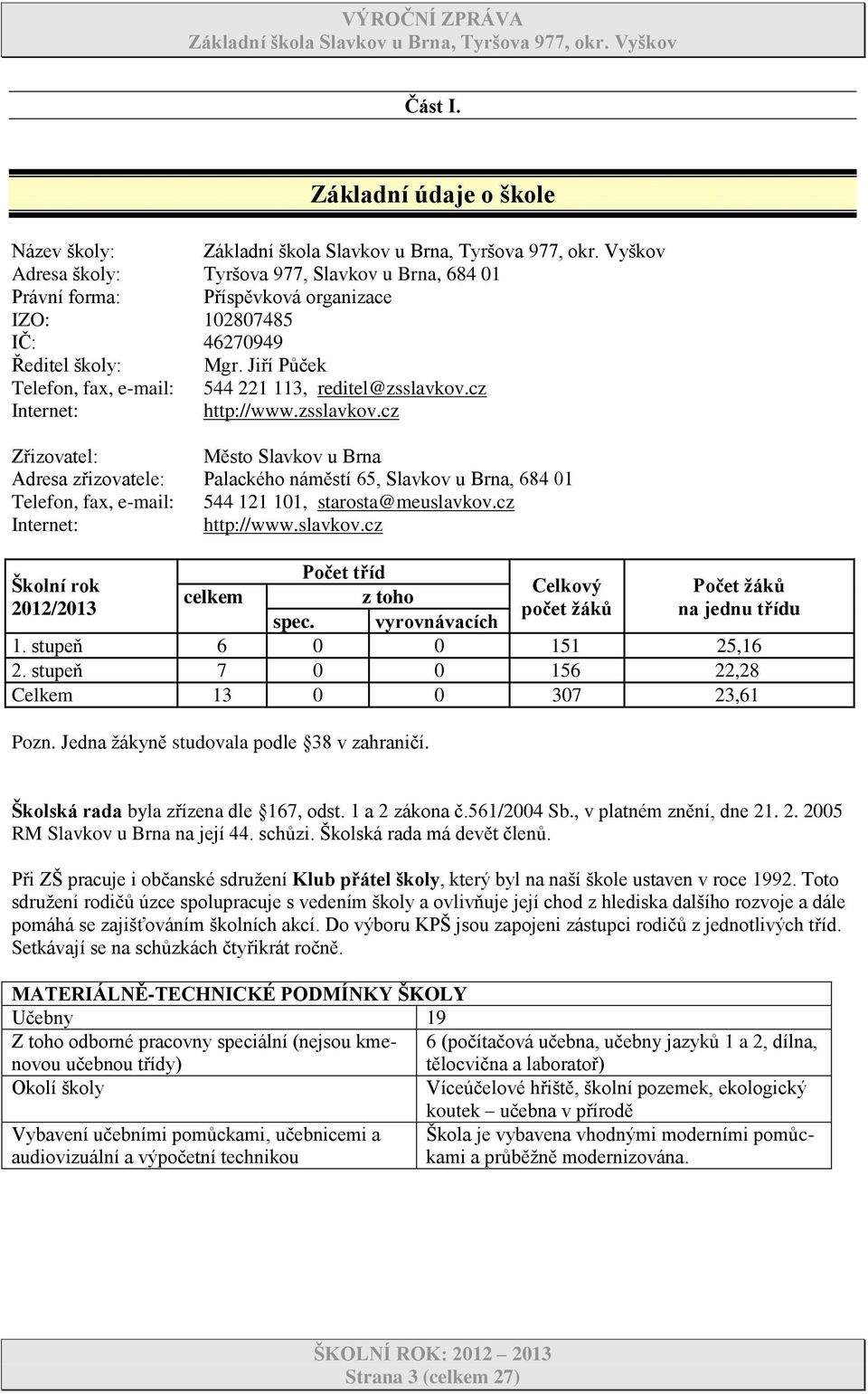 cz Internet: http://www.zsslavkov.cz Zřizovatel: Město Slavkov u Brna Adresa zřizovatele: Palackého náměstí 65, Slavkov u Brna, 684 01 Telefon, fax, e-mail: 544 121 101, starosta@meuslavkov.