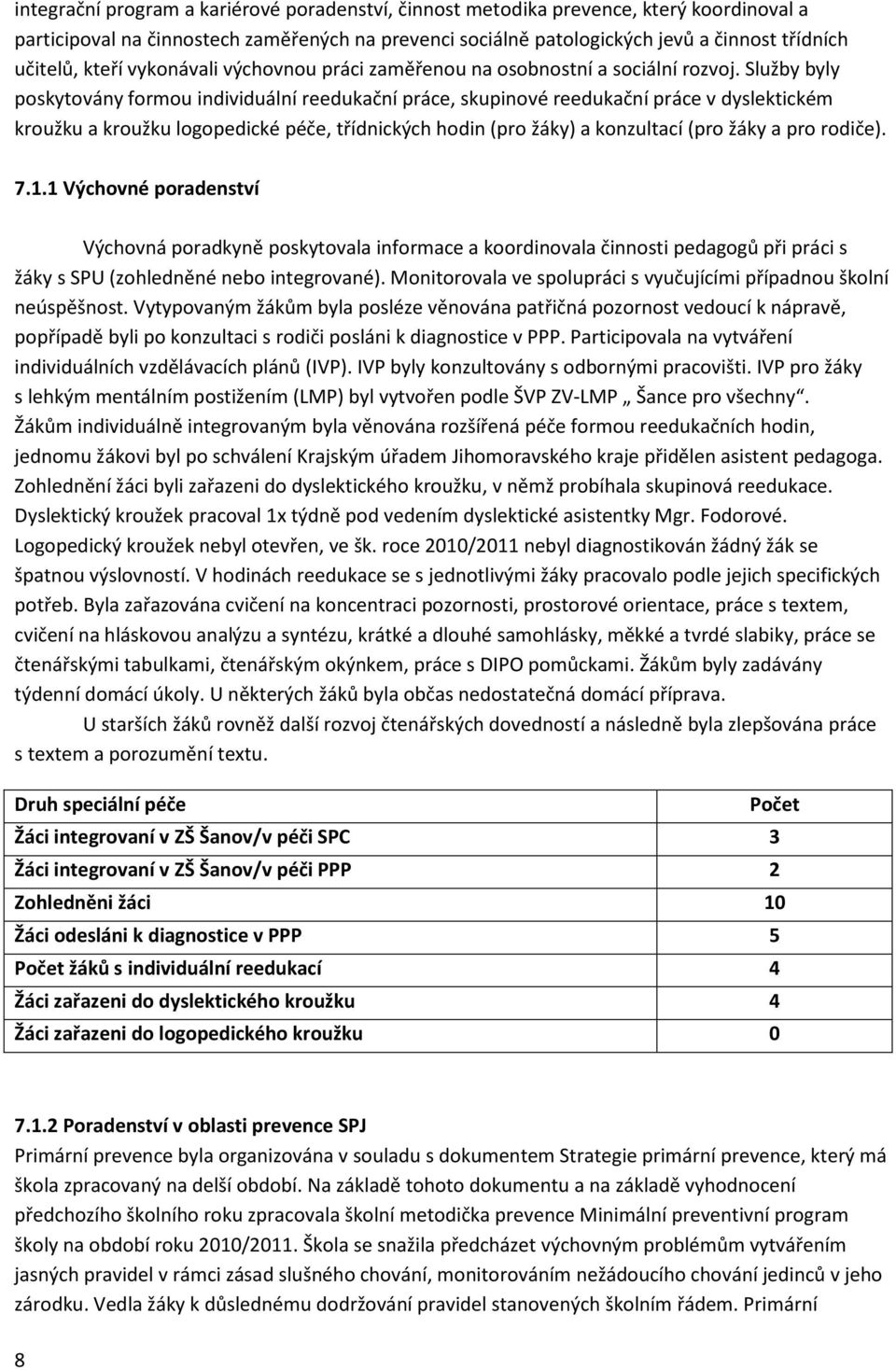 Služby byly poskytovány formou individuální reedukační práce, skupinové reedukační práce v dyslektickém kroužku a kroužku logopedické péče, třídnických hodin (pro žáky) a konzultací (pro žáky a pro