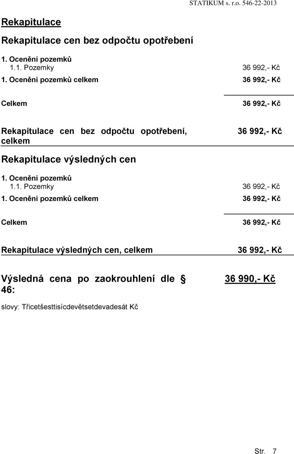 Rekapitulace výsledných cen 1. Ocenění pozemků 1.1. Pozemky 36 992,- Kč 1.