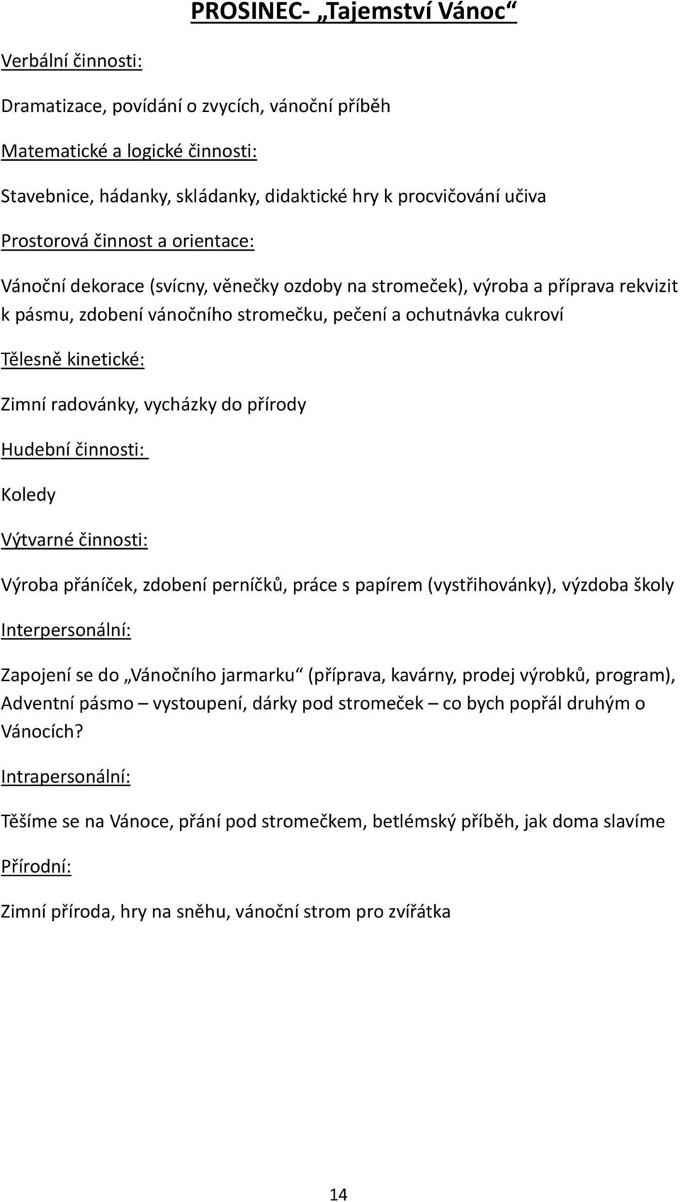 Zimní radovánky, vycházky do přírody Hudební činnosti: Koledy Výtvarné činnosti: Výroba přáníček, zdobení perníčků, práce s papírem (vystřihovánky), výzdoba školy Interpersonální: Zapojení se do