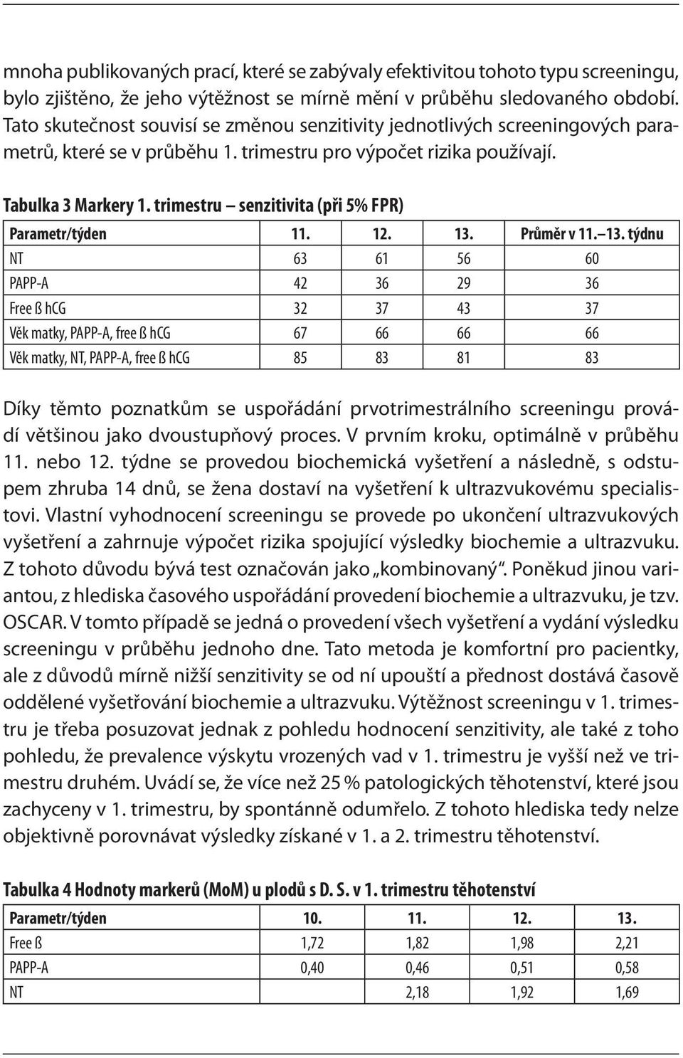 trimestru senzitivita (při 5% FPR) Parametr/týden 11. 12. 13.